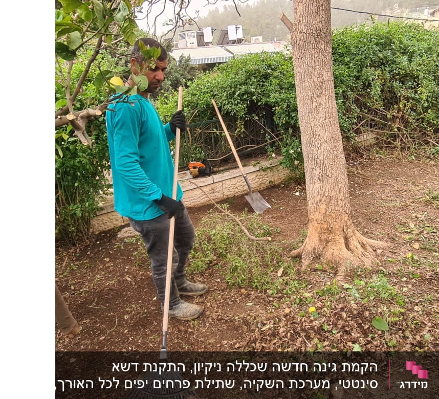 אנשים עובדים בגינה עם מגרפה ושק איסוף